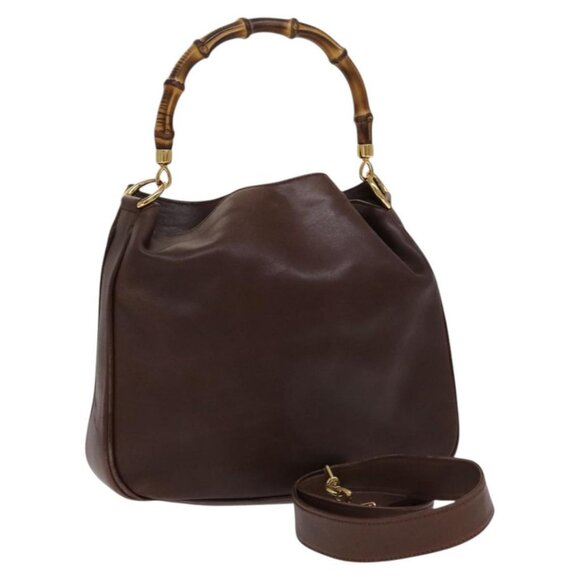 GUCCI Bamboo Hand Bag Leather 2way Brown Gold 001 14 1638 Auth th5652 - Picture 1 of 15